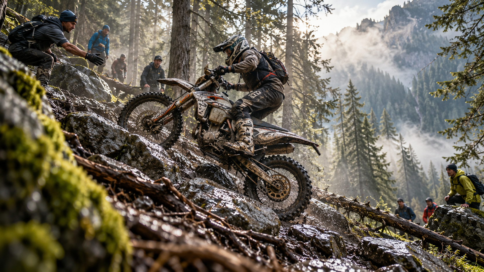 Enduro rider climbing a rocky forest section