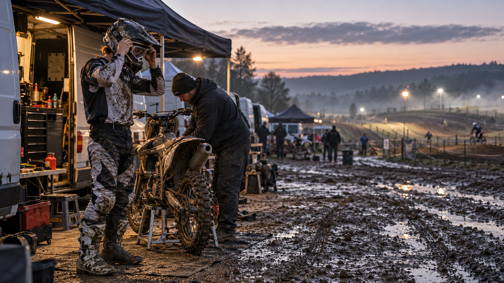 Rider and mechanic preparing a motocross bike in a muddy paddock