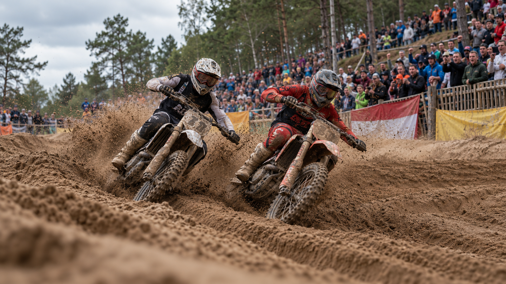 Two motocross riders battling through deep sand